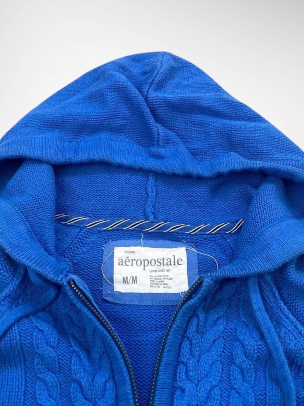 Early 2000s Aeropostale Cobalt Blue Cable Knit Zip Up Hoodie | Y2K Preppy Sweate - Picture 4 of 5